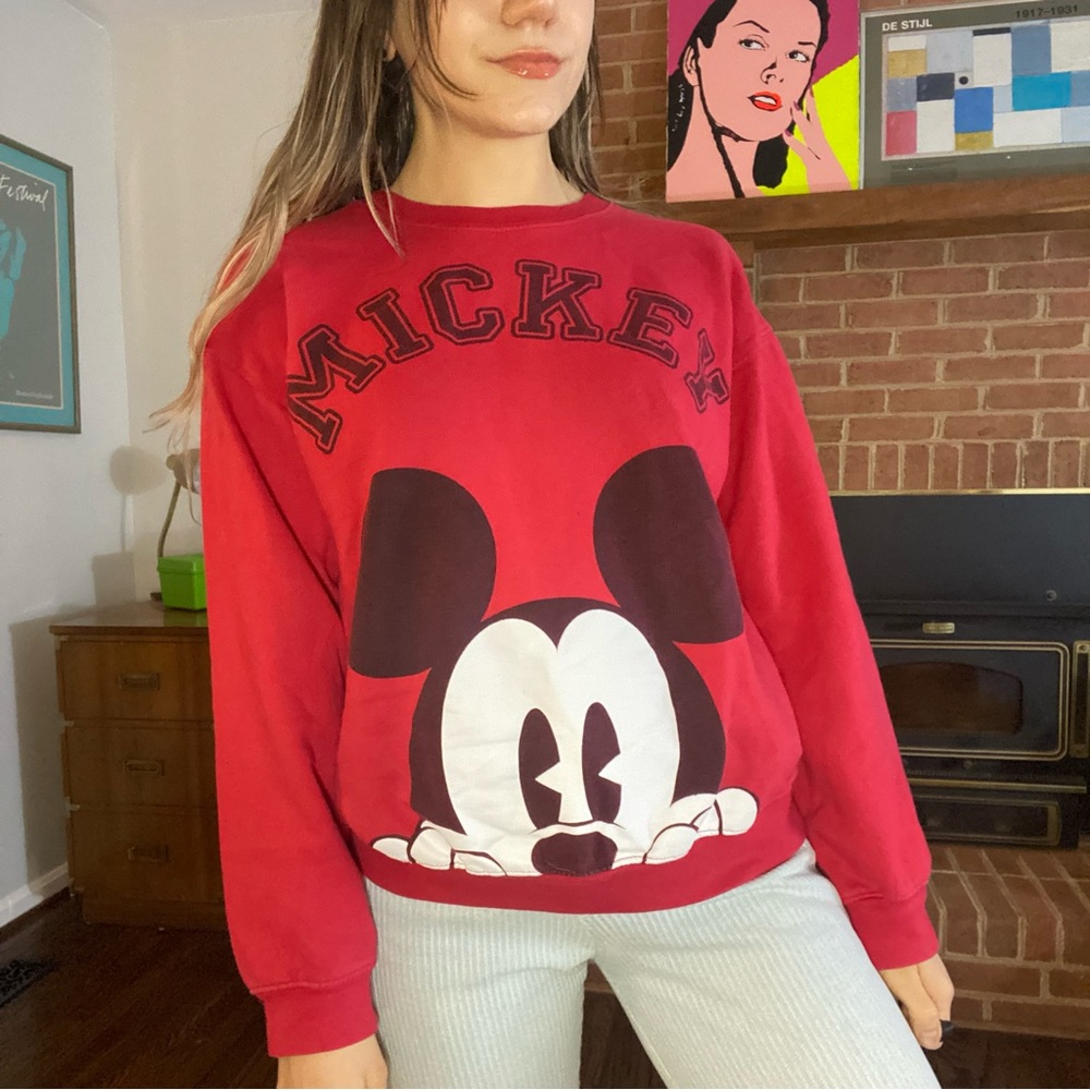 Disney Mickey Mouse Crewneck Sweatshirt Jersey Face Large Print Fleece P…